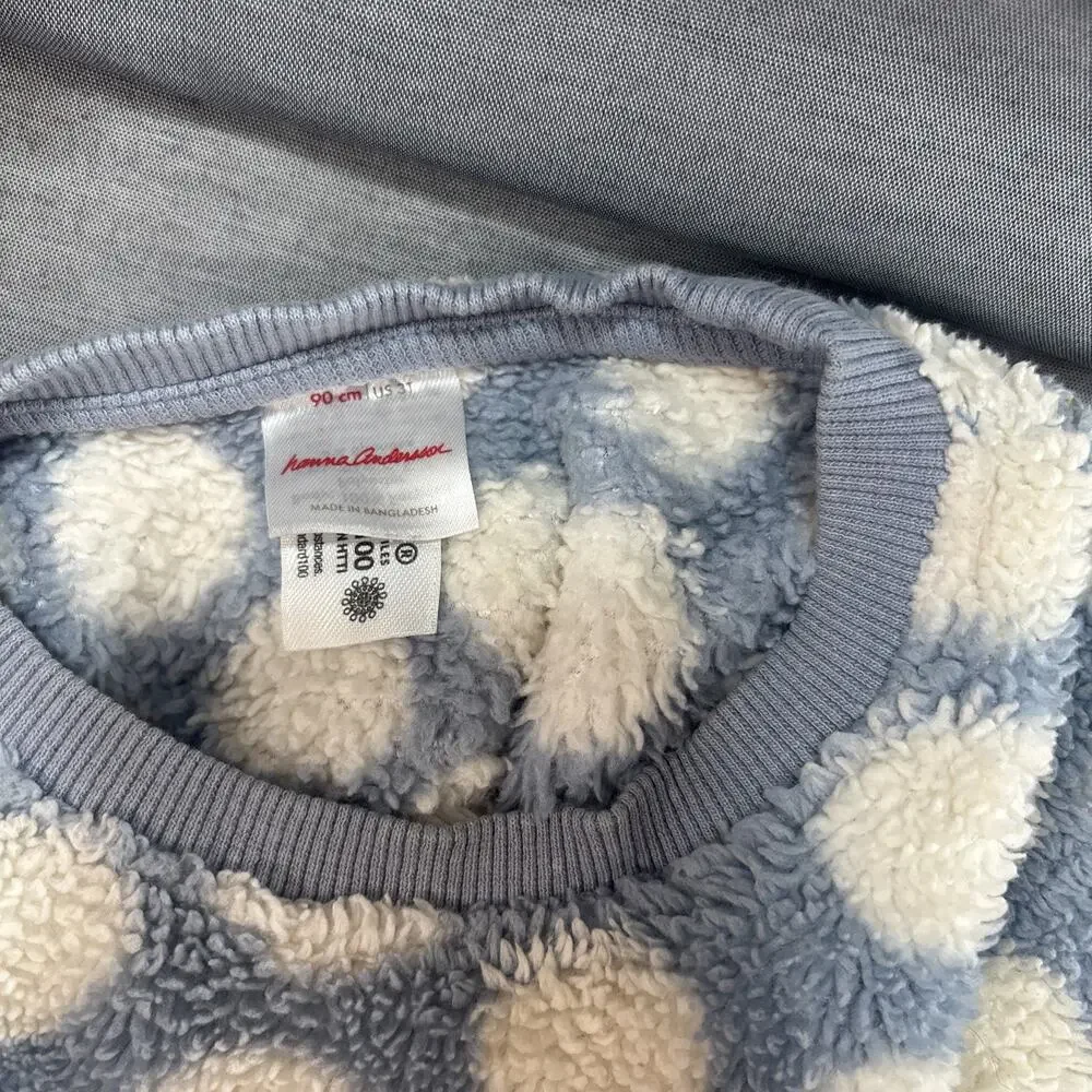 Hanna Andersson 3T Blue White/Cream Polka Dot Fleece‎ 2pc Outfit Set Pants Fuzzy